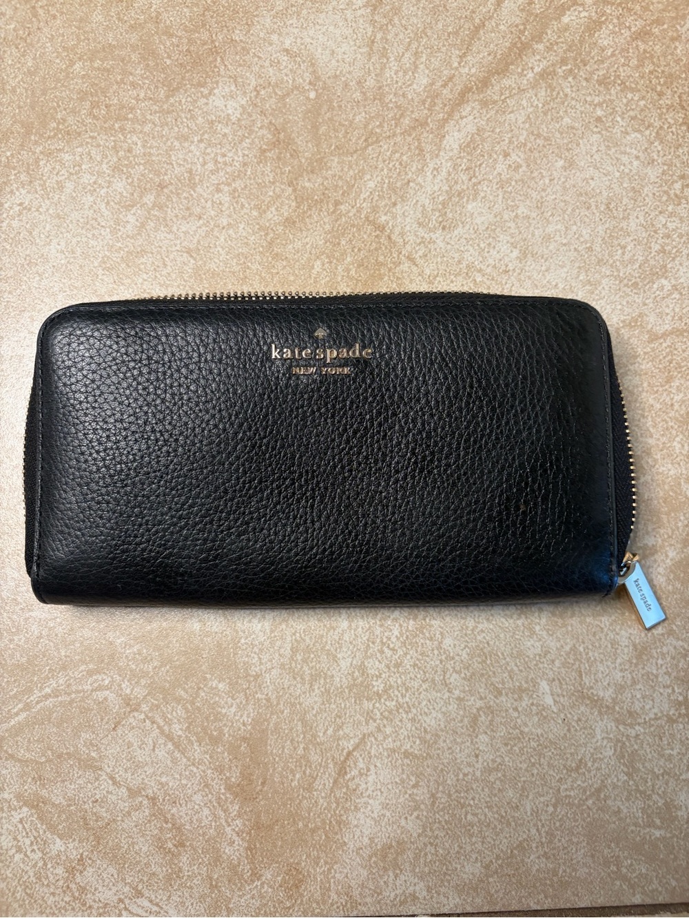 Kate Spade New York Black Pebbled Leather Zip-Around Wallet with Gold Logo
